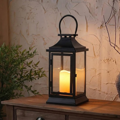 TRIROCKS Metal Candle Lantern 15'' High Decorative Outdoor Lantern Hanging Lantern with Timer LED Candle for Home Decor Living Room Parties Events Tabletop Indoors Outdoors (Black)