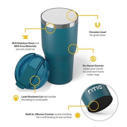 RTIC 40oz Essential Tumbler with Lid, Ceramic Lined, Insulated, Stainless Steel, Metal, Double Wall Vacuum-Insulation, Travel Cup for Iced Coffee, Tea, Hot and Cold Drink, Marine