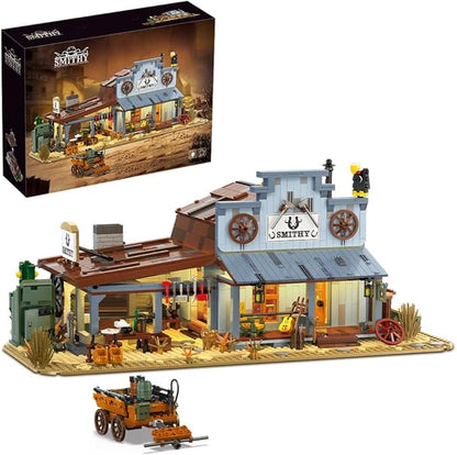 39077 Western Blacksmith Shop Building Block Set Equipped with LED Lights 2718 Pieces Shop Building Model Building Block Kit Adult Creative Enthusiast Model Gifts and Unique Collectibles