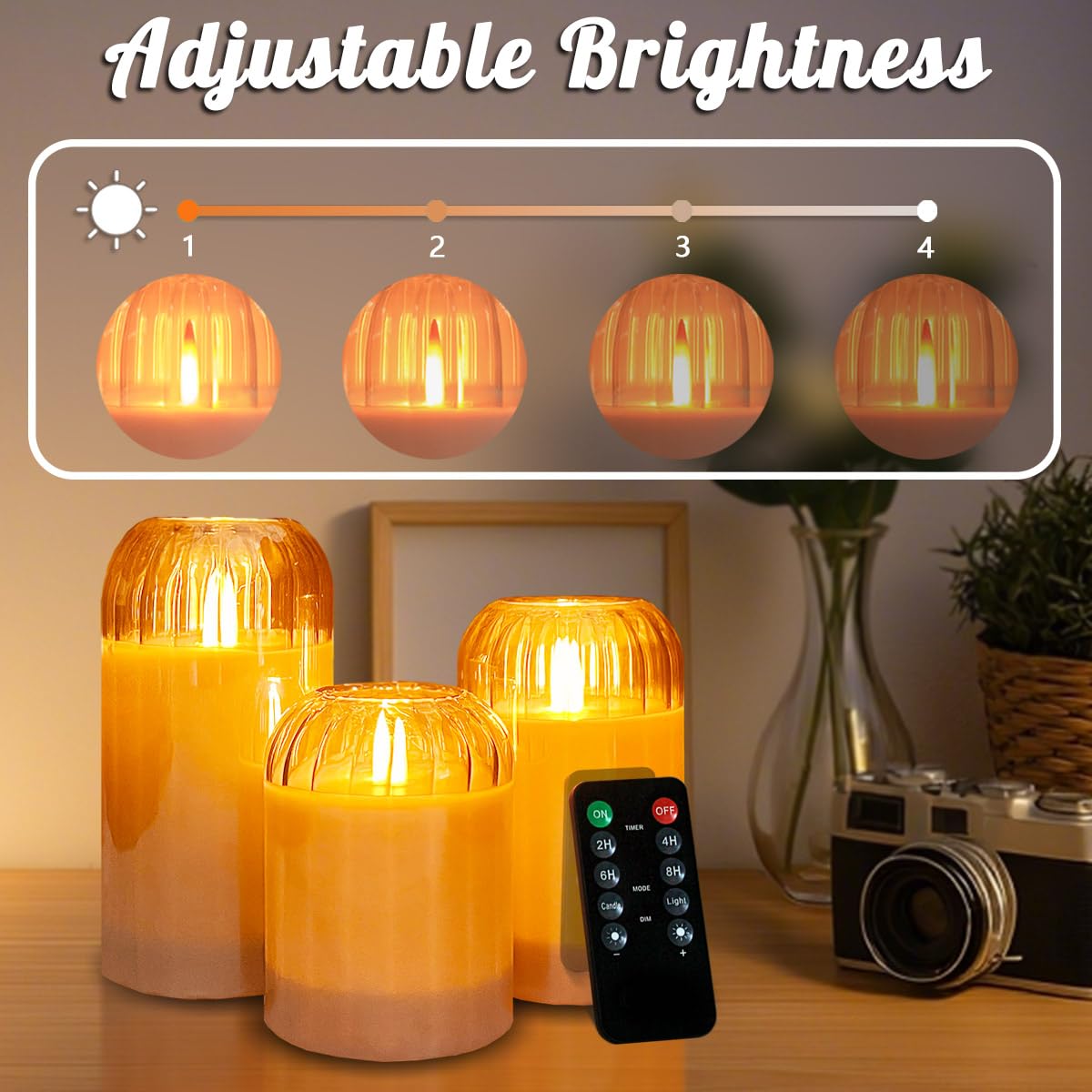 NICE POINT 3Pcs LED Candle Set Rechargeable with Remote Control,Grey Glass Flameless Candles,Candle Lights for Home Decor, Bedroom, Bathroom Accessories，Pumpkin Fake Candles for Halloween