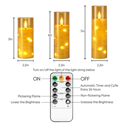 Homemory 12Pcs Flameless Candles with Star String Fairy Lights, Flickering Battery Operated Candles, LED Fake Candles with Remote and Timer, Christmas, Weddings, Home Decor, Gold
