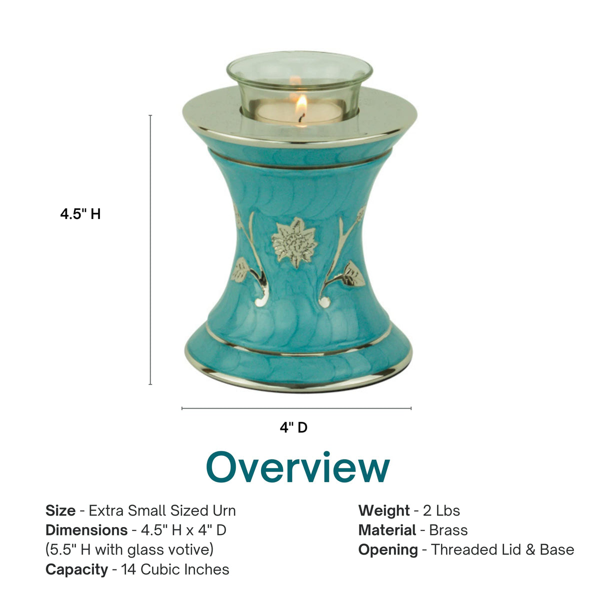 Grace Turquoise Tealight Cremation Urn for Ashes, Brass Memorial Candle, Blue Green, Extra Small Size, 5.5 Inches High