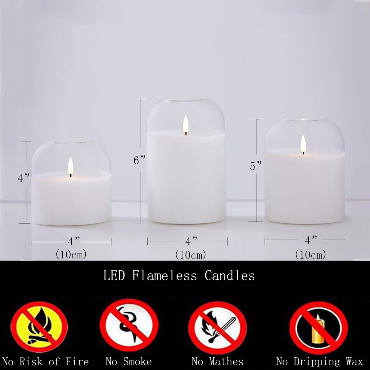 volnyus Clear Glass Flameless Candles with Remote Battery Operated Flickering LED Pillar Candles Real Wax Wick Φ 3"" H 4"" 5"" 6"", Gold