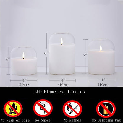 volnyus Clear Glass Flameless Candles with Remote Battery Operated Flickering LED Pillar Candles Real Wax Wick Φ 3"" H 4"" 5"" 6"", Gold