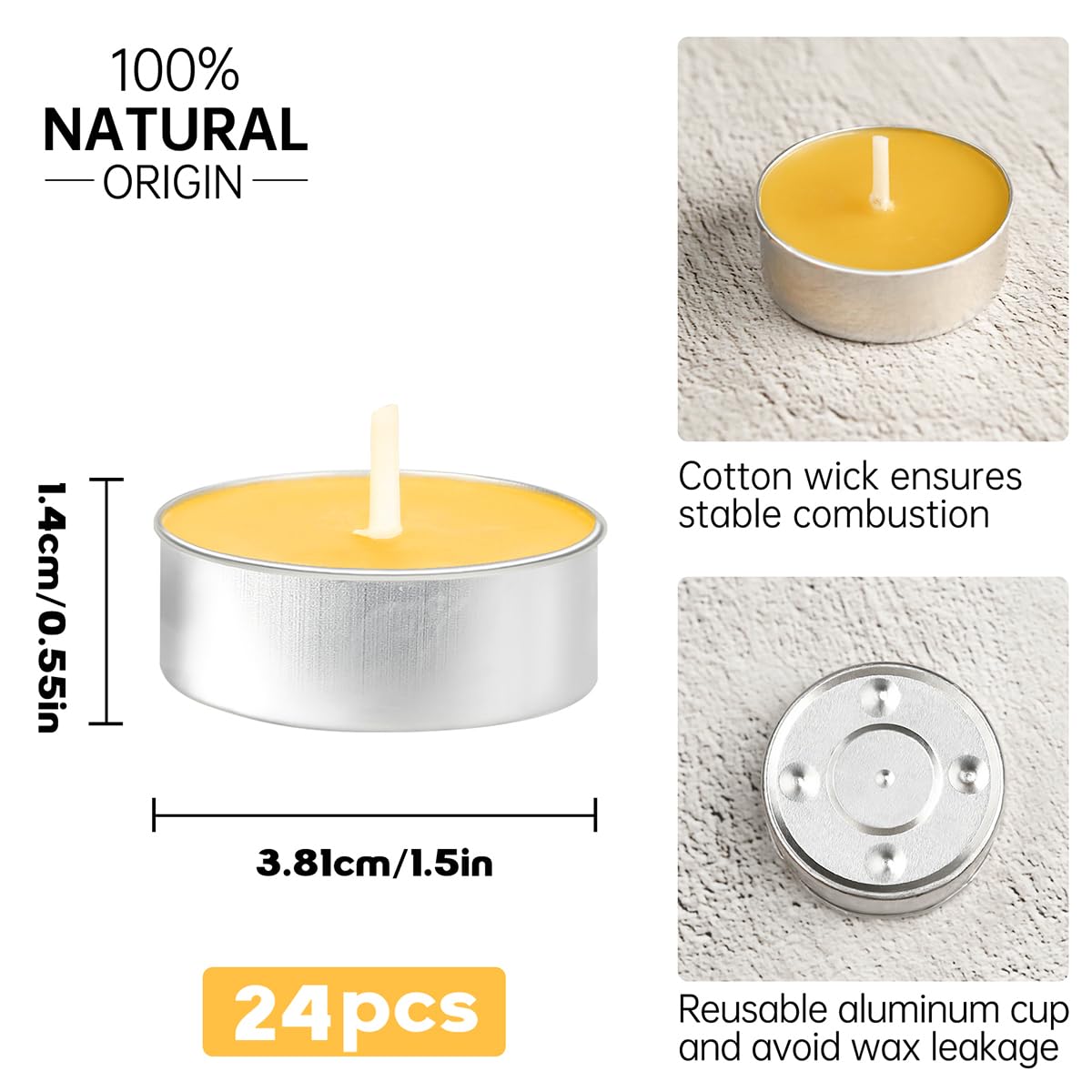 Beeswax Tea Candles in Cup, 24 Pcs, Natural Beeswax Tealight Candles with 4 Hours Burn Time for Home Decor, Air Purification, Honey Scent Pure Bees Wax Tea Light Candle