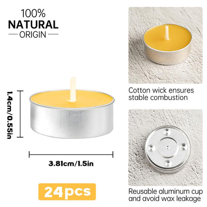 Beeswax Tea Candles in Cup, 24 Pcs, Natural Beeswax Tealight Candles with 4 Hours Burn Time for Home Decor, Air Purification, Honey Scent Pure Bees Wax Tea Light Candle