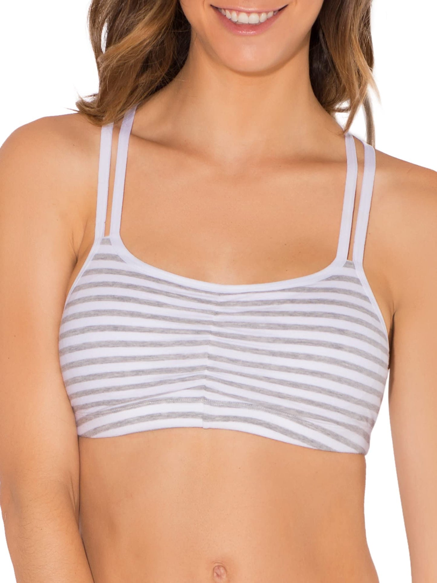 Fruit of The Loom Womens Spaghetti Strap Cotton Pull Over 3 Pack Sports Bra, Skinny Stripe/White/Blushing Rose, 40