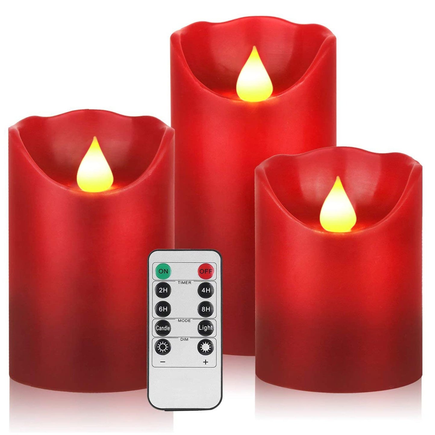 JUNPEI LED Candles, Battery Flickering Candles, Set of 3 Red Real Wax,300+ Hour Decorating Pillars Candles, with10 Buttons Remote Control with 24 Hour Timer Function for Decoration Christmas