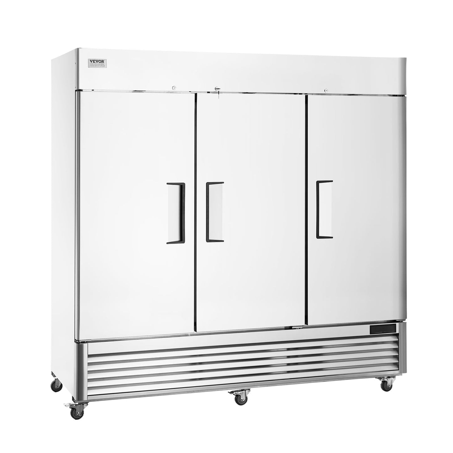 VEVOR Commercial Freezer 60.42 Cu.ft, Reach In 82.5" W Upright Freezer 3 Doors, Auto-Defrost Stainless Steel Reach-in Freezer with 12 Adjustable Shelves, -13 to 5℉ Temp Control, LED Lighting, 4 Wheels