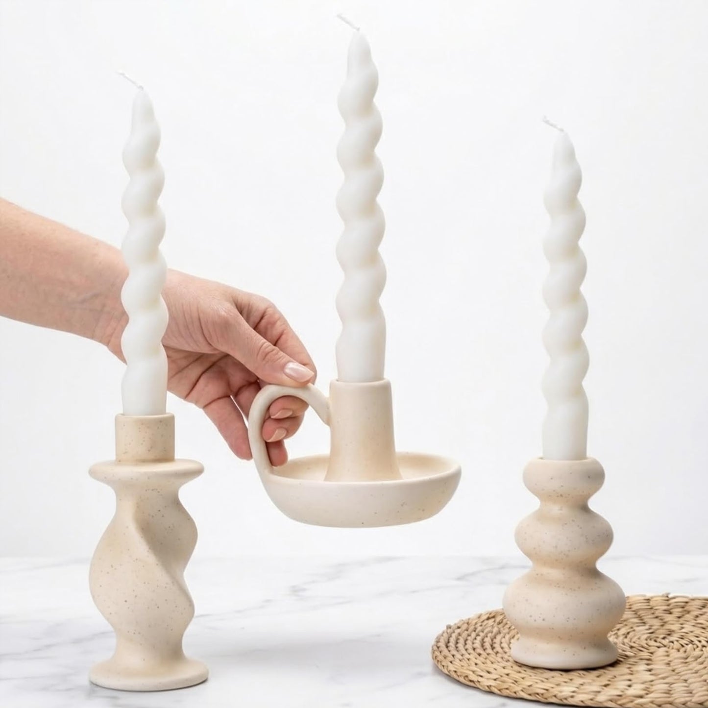 CabyGift Ceramic Taper Candle Holders Set of 3, Cream White Candlestick Holder Nordic Modern Decorative Candle Stand for Home Decor, Dining Table Centerpiece, Housewarming Gift