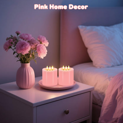 Large 3 Wick Flameless Candles, 4"x4" Flickering Flameless Candles with Remote & Timer, Dimmable Real Wax LED Candles Battery Operated, Electric Pillar Candles for Wedding Valentine's Day Decor (Pink)