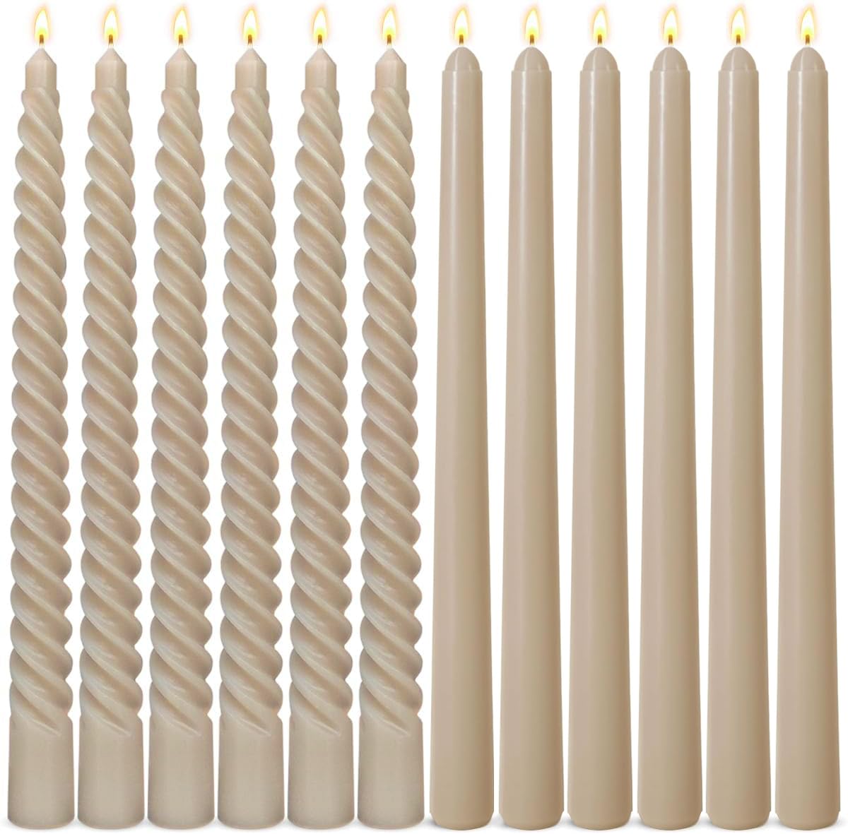 6 Pack Light-Mocha Taper Candles and 6 Pack Spiral Candles Set – 10 Inch Elegant Dripless Candlesticks for Weddings Dinners, Parties and Home Décor