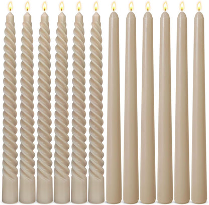 6 Pack Light-Mocha Taper Candles and 6 Pack Spiral Candles Set – 10 Inch Elegant Dripless Candlesticks for Weddings Dinners, Parties and Home Décor