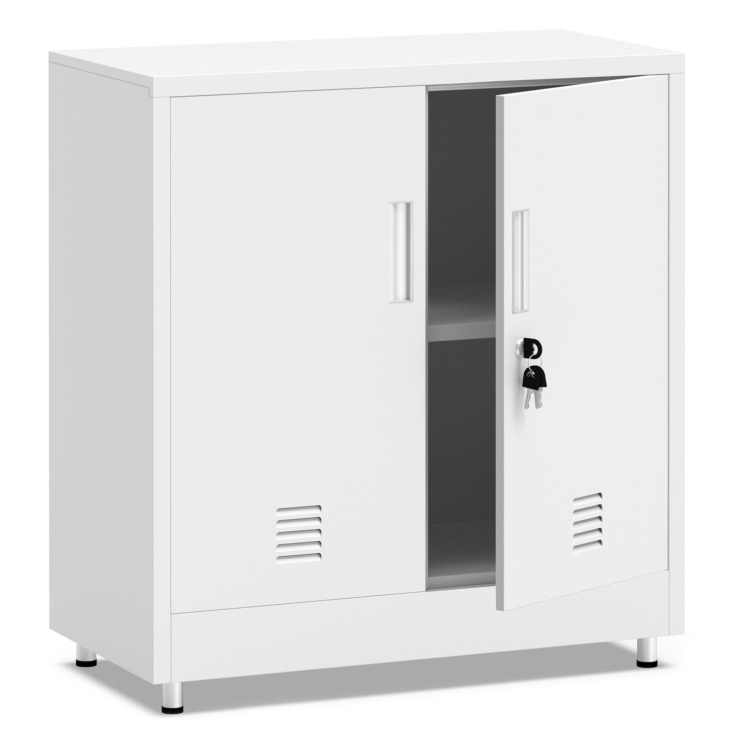 JINKUR Metal Storage Cabinet with Locking Doors and Adjustable Shelf, Small Lockable Sideboard Buffet Cabinet for Home, Office, Entryway, Hallway, Living Room, Kitchen and Dining Room, White