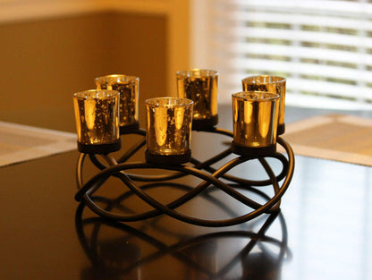 Seraphic Centerpieces for Table Decorations - Round Candle Holders for Outdoor Patio, Dining, Kitchen, Coffee & Wedding Table Decor, Black Iron Candelabra, 6 Gold Glass Votive Tealight Cups
