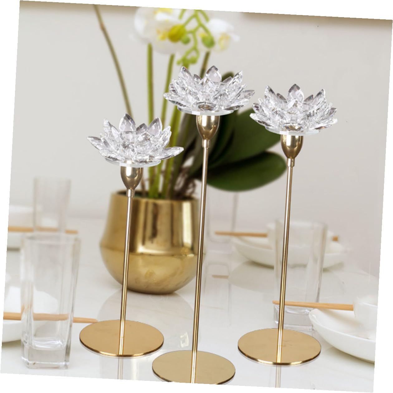ABOOFAN Modern Metal Crystal Lotus Candle Holder Small Gold Decorative Candlestick for Wedding Tabletop and Dining Room Candlelight Dinner Decoration