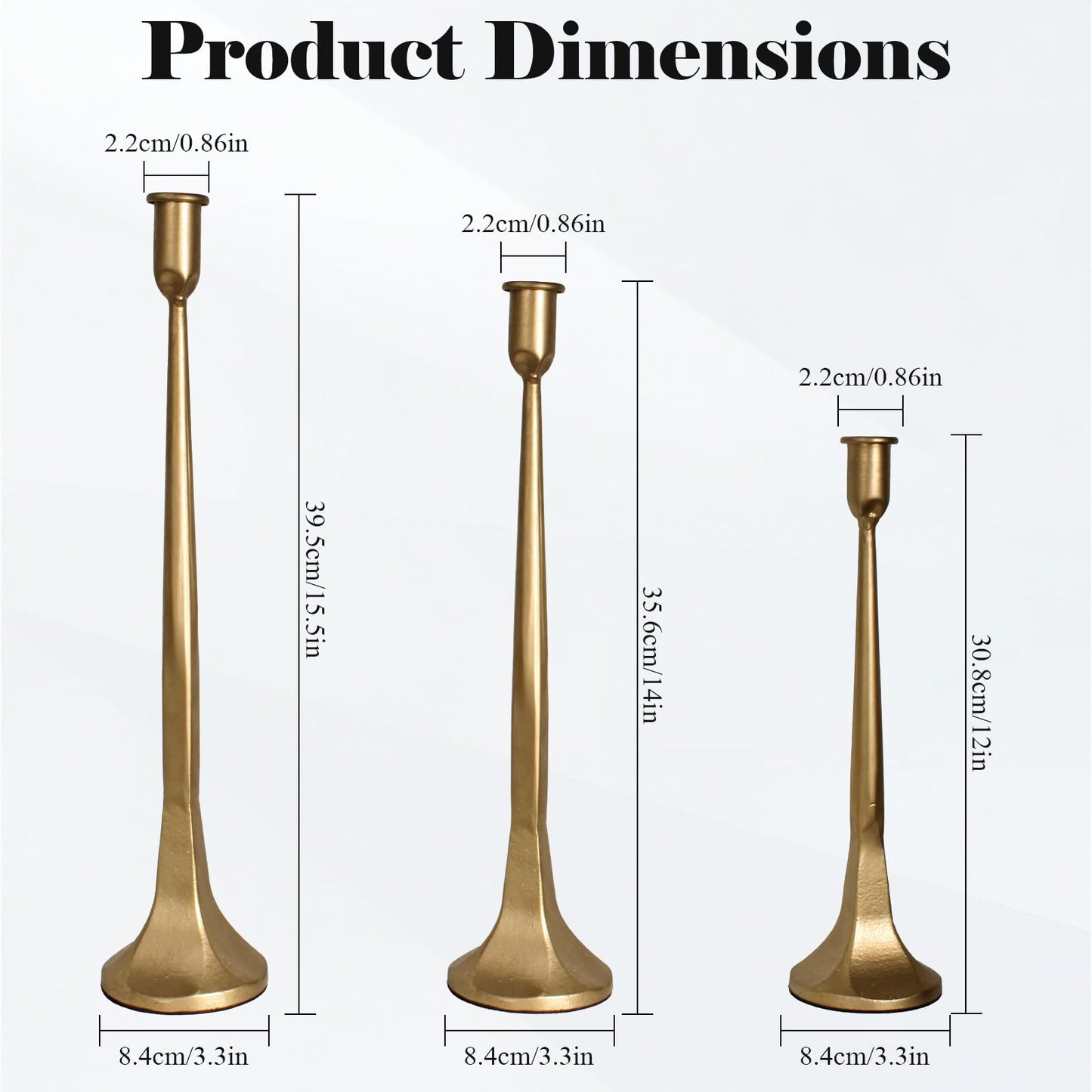 Set of 3 Taper Candle Holders, Cast Iron Candlestick Holders Tall for Wedding, Dining Table, Halloween & Fall Decor, Home Decoration (Gold, 12" 14" 15.5")