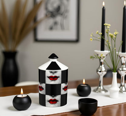 AlphaDesignLuxe Decorative Candle Holder Handcrafted Aromatherapy Candle Jar Italian Designer Décor Fashionable Tabletop Vase Modern Art Female Face Eyes Lips Centerpiece. (Red Lips Black Squares)