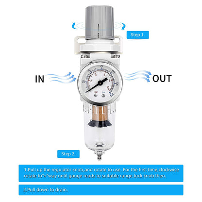 NANPU 1/4" NPT Compressed Air Filter Regulator Combo Piggyback, 5 Micron Brass Element, Poly Bowl, Semi-Auto Drain, Metal Bracket, 0-150 psi Gauge