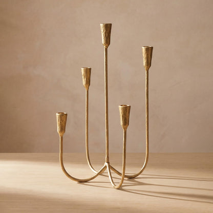 5-Arm Gold Candelabra Candle Holder Detachable Metal Taper Candleholders 17.5” Tall Cast Iron Candlestick Holders for Wedding Centerpiece Dining Table Party Home Decor Events
