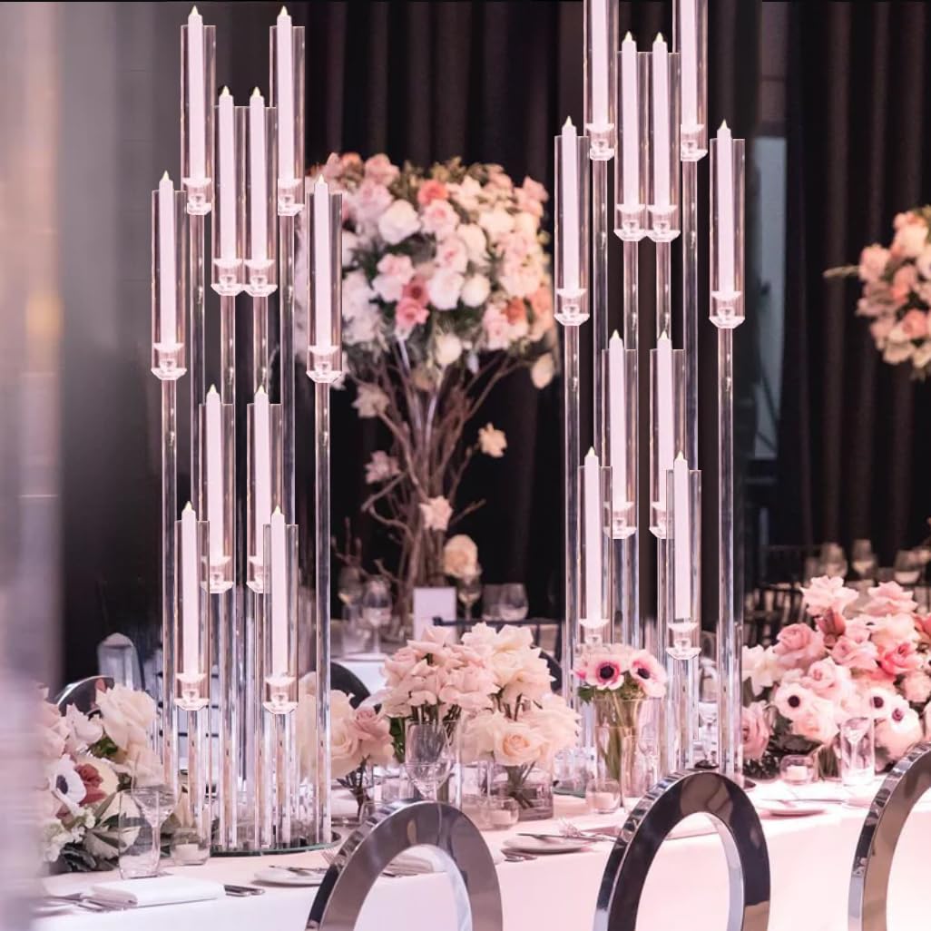 16PCS Acrylic Candelabra Centerpiece for Wedding,10 Arm Candlesticks Holder Clear Tall Candelabra Large Floral Centerpieces for Tables Anniversary Party Brithday candelabros para centros de mesa