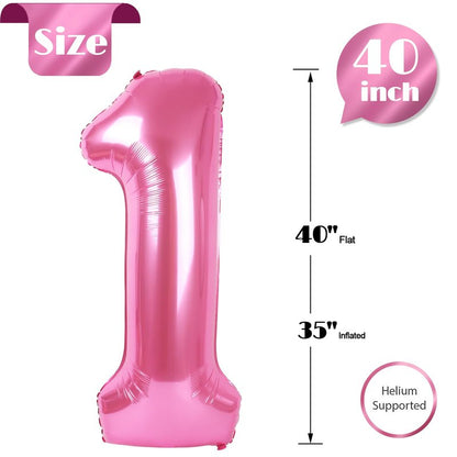 40 Inch Pink 1 Balloon for First Birthday, 1st Number Balloons Birthday Decorations for Girl Kids Toddler Baby, One Giant Number 1 Balloon
