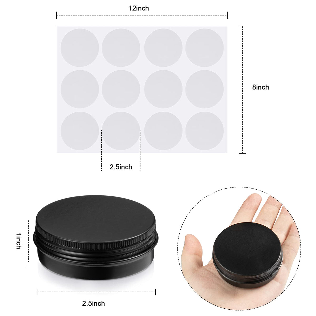 Patelai 2 oz Black Metal Round Tins Aluminum Tin Cans Salve Tins Containers with Screw Lid 10 Sheets Stickers for Salve Spice Candies Balms Candles, 36 Pack (Classic Style)