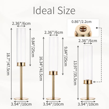 Inweder Hurricane Taper Candle Holders: Gold Glass Candlestick Holder Tall Candle Sticks Holder Decor with Glass Cover for Wedding Table Centerpiece Party Birthday Christmas Home Mantel Set of 3