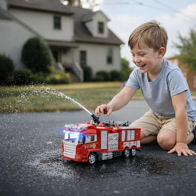 Liberty Imports RC Rescue Fire Engine Toy Truck Radio Control Electric R/C Fire Truck with Lights Sound Working Water Cannon Pump Shoots and Squirts Water Toys for Kids