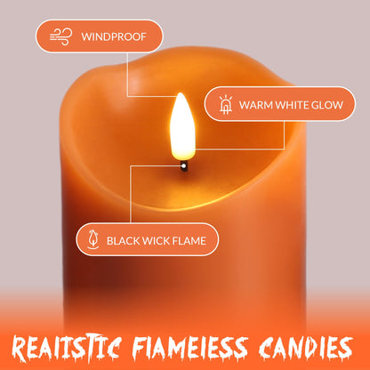 Eywamage Orange Flameless Pillar Candles with Remote, Flickering Real Wax LED Battery Candles Home Table Decor Set of 3