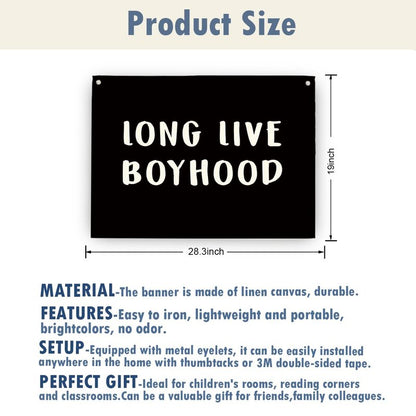 Geondos Boys Room Decor, Long Live Boyhood Wall Decor, Canvas Hanging Banner, Canvas Banner, Wall Hanging Flag Sign for Nursery Playroom Toddler Boys Kids Room 28.4×19.7 Inches