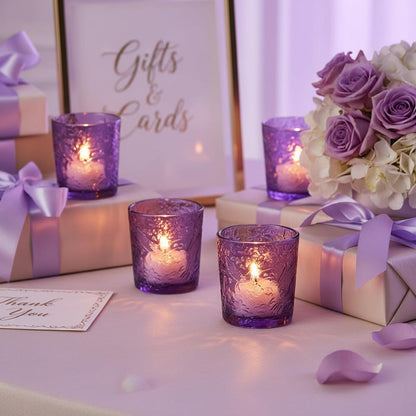 12 Pack Hummingbird Embossed Glass Candle Holders – Votive Tealight Holders with Patent Design, Decorative Embossed Glass Cups for Wedding Centerpieces, Parties, and Home Décor (Amethyst Bloom)