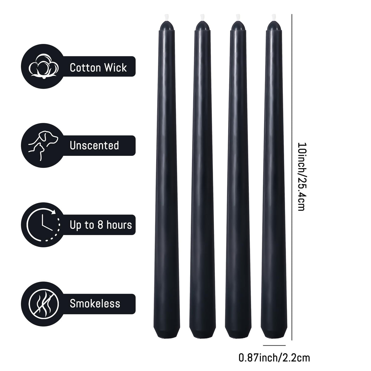 Viyffo Taper Candles, 10 Inch, 12 Pack, Velvet Matt Black – Unscented, Dripless & Smokeless Design, Up to 8 Hour Burn – Long Tall Taper Candlesticks for Wedding, Dinner & Home Decor