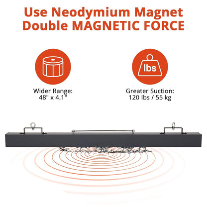 PeakPursuit 48 Inch Hanging Magnetic Sweeper, 120 LB Lifting Capacity Magnetic Nail Sweeper with Quick Release Lever, for Forklift Mounting on Construction Sites, Warehouses & Workshops