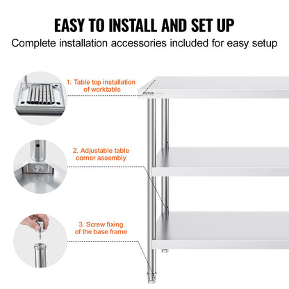 VEVOR Stainless Steel Food Prep Table, 18 x 48 x 34 Inch Commercial Kitchen Worktable, with 2 Adjustable Undershelf, Heavy Duty Prep Tables Metal Work Table for BBQ, Kitchen, Home, and Garage