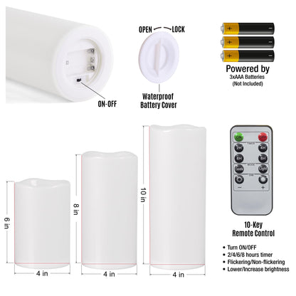 Yongmao 6" 8" 10" x 4" White Large Waterproof Outdoor Flameless Candles Battery Operated LED Flickering Pillar Candles with Remote and Timer for Indoor Outdoor Lanterns, Long Lasting, Set of 3