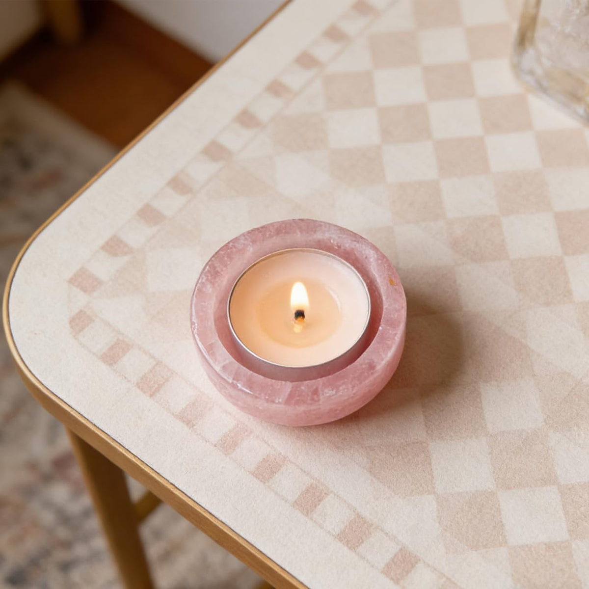 ABOOFAN Rose Quartz Crystal Candle Holder Tealight Candlestick Decorative Desktop Candleholder for Home Wedding Party 2.36In Diameter