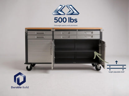 Heavy Duty 6-Drawer Rolling Work Center with Wood Top, Mobile Workbench with Storage, Steel Construction, 75.6" W x 20" D x 37.5" H, Tools Organized Station.