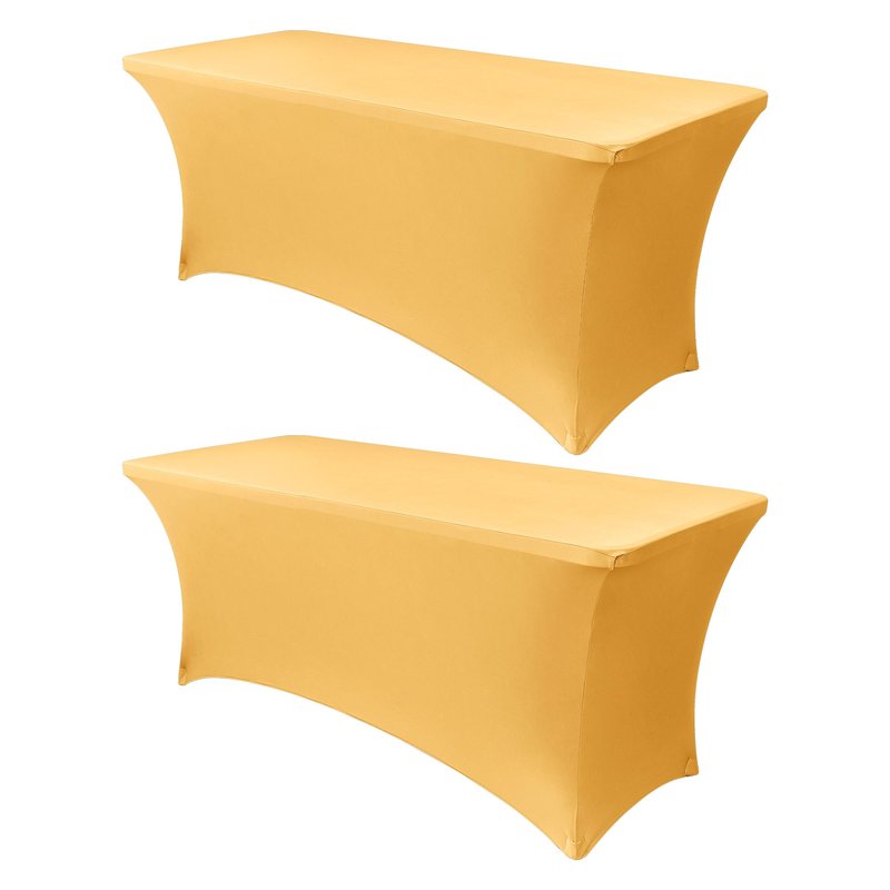 Obstal 8Ft Stretch Spandex Table Cover for Standard Folding Tables - 2 Pack Universal Rectangular Fitted Tablecloth for Party, Banquet, Events, Trade Show (Gold, 96L x 30W x 30H Inches)