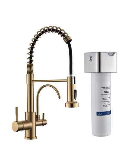 GIMILI 3 in 1 Kitchen Faucet with Pull Down Sprayer Brushed Gold Two Handle Kitchen Sink Faucet with Under Sink Water Filter System Reduces PFAS, PFOA/PFOS, Lead, Chlorine, Bad Taste & Odor