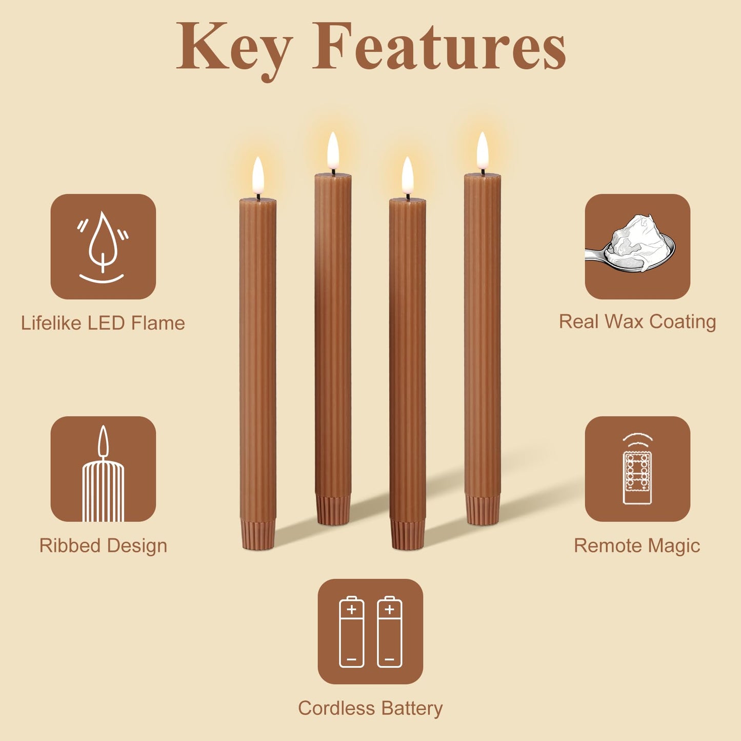Girimax Brown Ribbed Fluted Flameless Taper Candles with Remote, Flickering Battery LED Wax Candlesticks Wedding Table Decor Set of 4