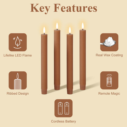 Girimax Brown Ribbed Fluted Flameless Taper Candles with Remote, Flickering Battery LED Wax Candlesticks Wedding Table Decor Set of 4