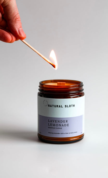Natural Sloth Lavender Lemonade Beeswax Candle – 9 oz, Pure Essential Oils, Non-Toxic, Made Safe® Certified, Wooden Wick, Clean Burning.