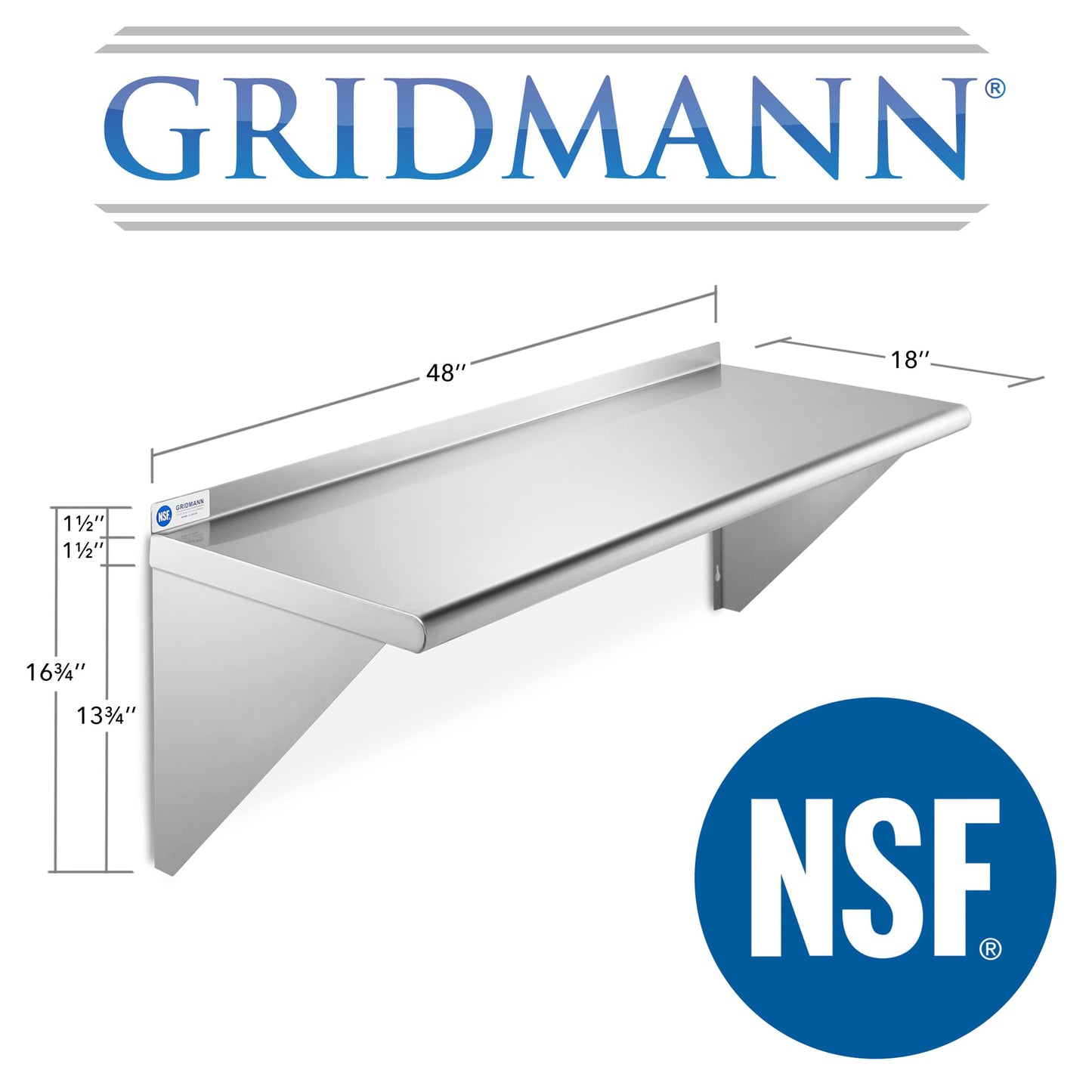 GRIDMANN 18" x 48" Stainless Steel Wall Mount Shelf with Backsplash, Commercial Grade - NSF Certified 18 Gauge Shelving for Restaurant, Kitchen, Utility Room, Garage