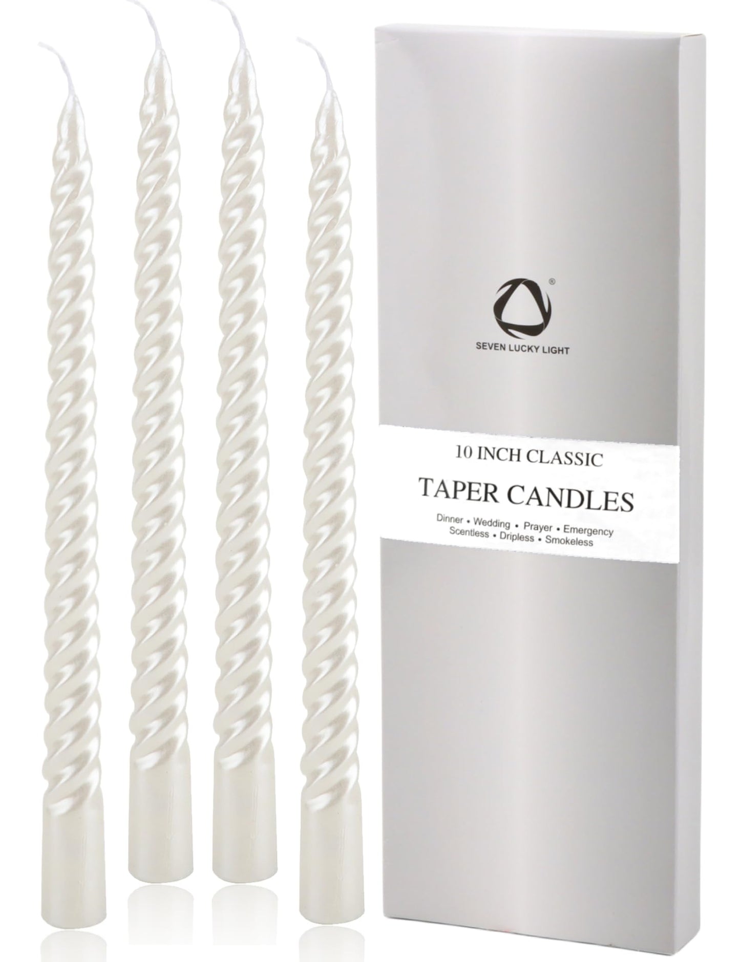 SEVEN LUCKY LIGHT 10 Inch Spiral White Taper Candles Set of 4, Metallic Finish Dripless Candlesticks, 8+ hrs Smokeless Clean Burning for Christmas, Home, Dinner, Wedding & Church Decor