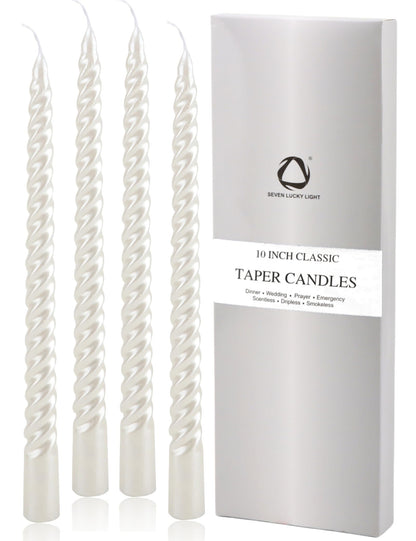 SEVEN LUCKY LIGHT 10 Inch Spiral White Taper Candles Set of 4, Metallic Finish Dripless Candlesticks, 8+ hrs Smokeless Clean Burning for Christmas, Home, Dinner, Wedding & Church Decor