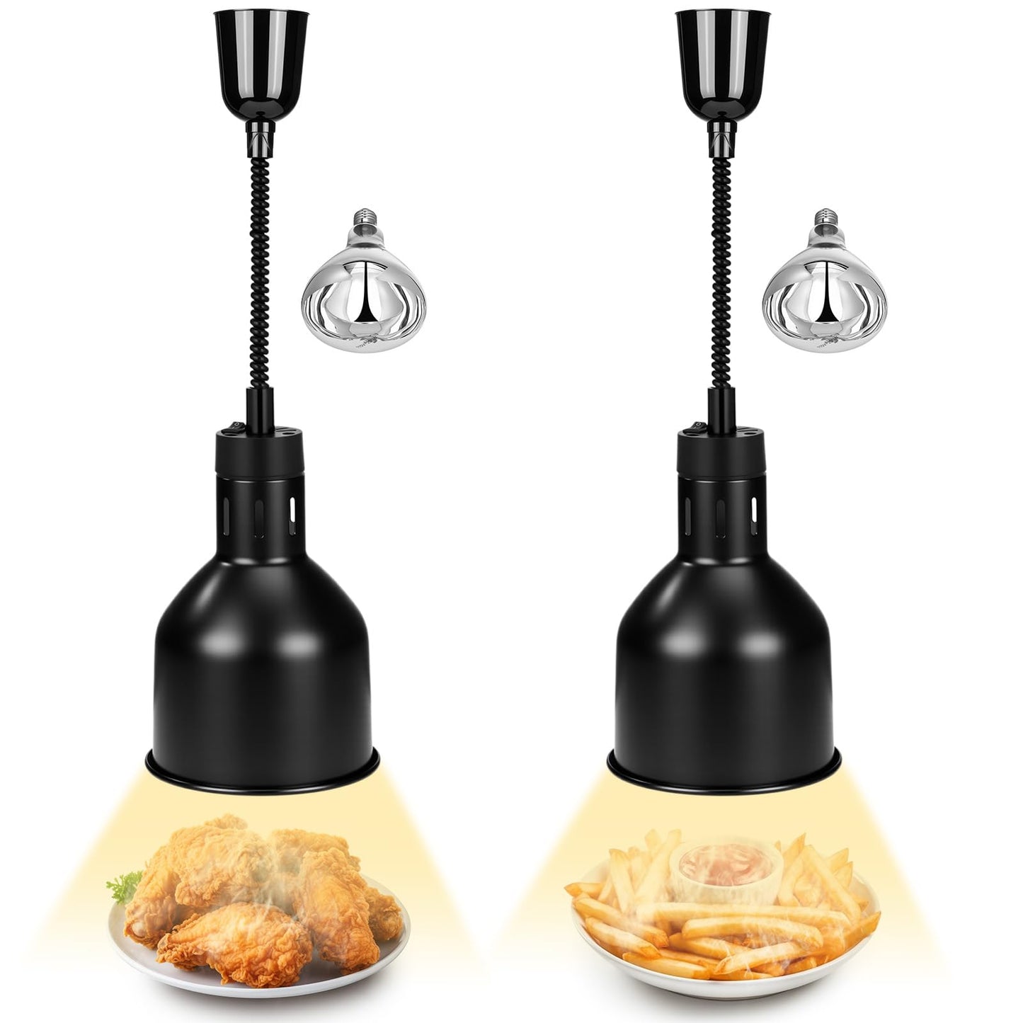 Nuanchu 2 Pack Food Heat Lamps 110v 250w Food Warmer Light Retractable Hanging Heat Lamp for Buffet Restaurant Catering Kitchen Dia 17.5cm Shade Black