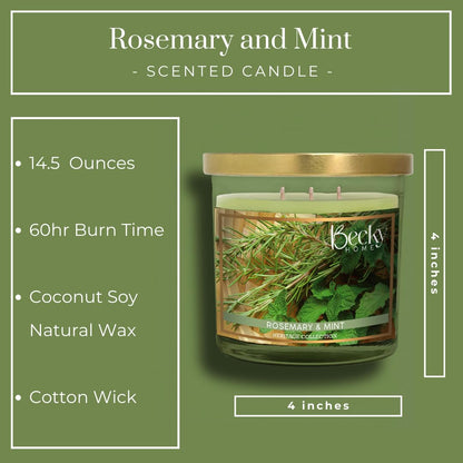 Becky Home 3 Wick Candle, 14.5oz Rosemary Mint Candle, 3 Wick Candles, Big Candle, Three Wick Candles, Candles 3 Wick