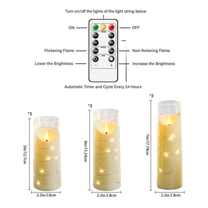 Eebuss Flameless Candles with Embedded Star String, Battery Operated LED Pillar Candles with Timer and Remote Control,Home Decorating for Ambiance， Set of 9 (Ivory)