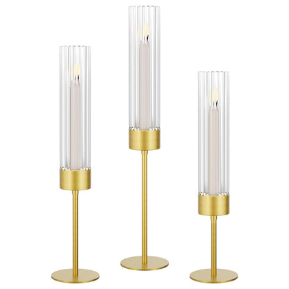 Viuieyid Hurricane Glass Candle Holders Set of 3, Premium Tall Gold Candle Stick Holder, Elegant Fluted Candle Holders for Wedding Decor Party Holiday Table Centerpiece Home Festival Decoration